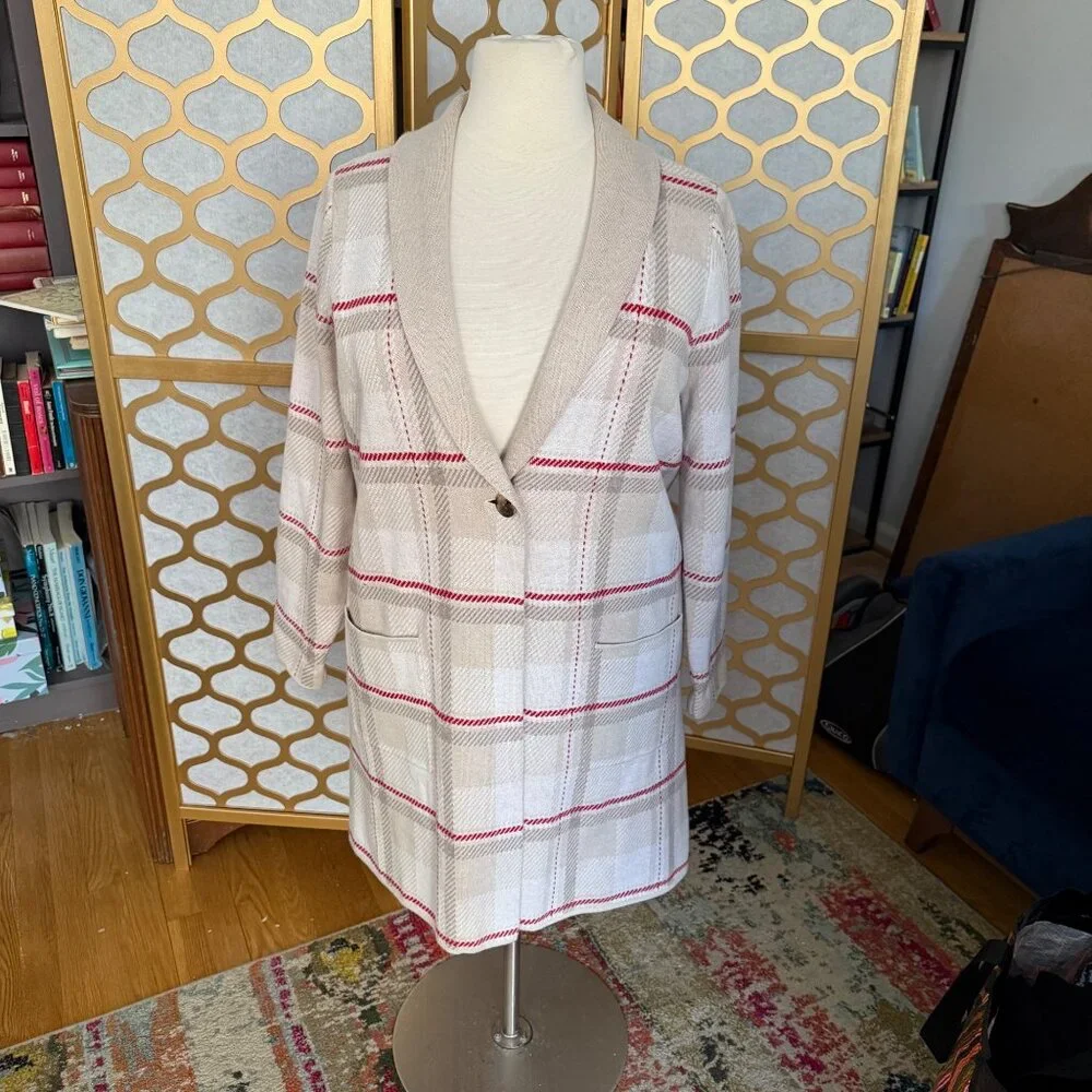 Lands End Size XL Beige & Red Plaid Long Sleeve Shawl Collar Cardigan Sweater - Picture 16 of 16